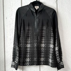 Parker 100% Silk Geometric Winona Blouse with Mandarin Collar and Leather Trim